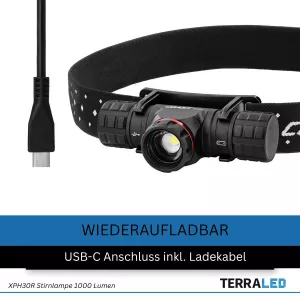 LED Stirnlampe XPH30R 1000 Lumen wiederaufladbar IP54